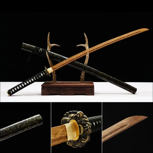 Handmade Wooden Japanese Katana Sword Black Handle With Gold-veined Scabbard