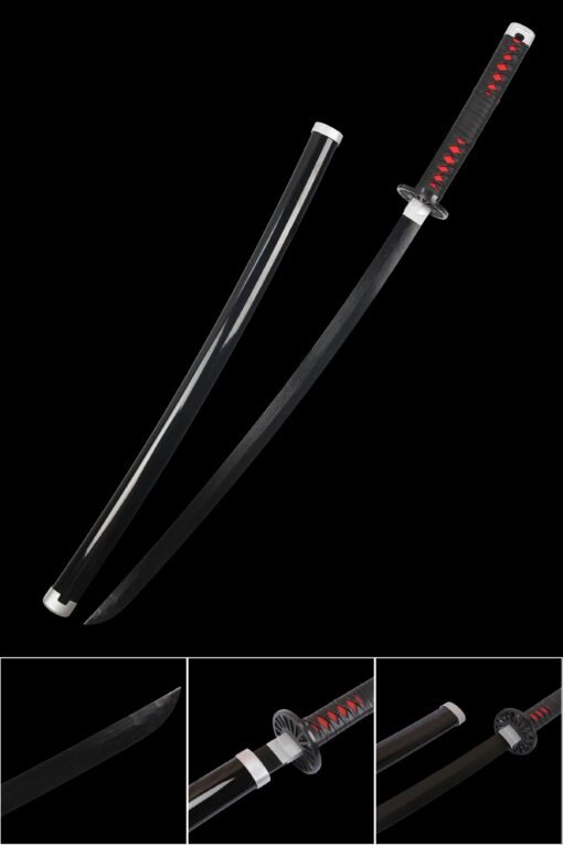 Tanjiro Sword ：Wooden Anime Katana Black Handle And Black Blade For Tanjiro Kamado Cosplay (1)