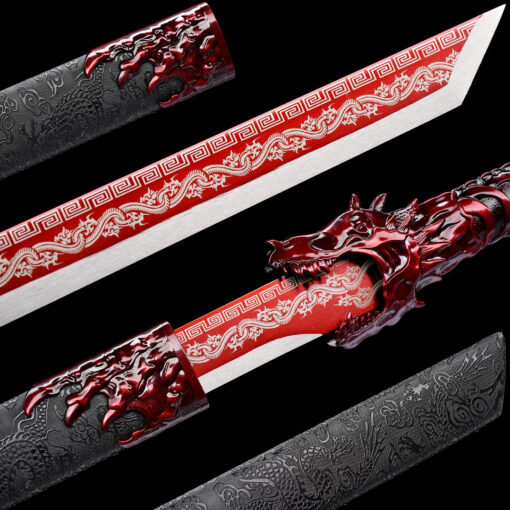 Handmade Katana Black scabbard and Red handle, Manganese Steel, Traditional Sword, Full Tang Katana, Collectible Katana, Fighting Master, Dragon Sword,Not sharp (1)