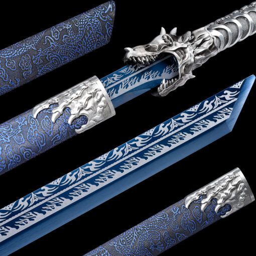 Handmade Katana Blue scabbard and silver handle, Traditional style, Manganese steel blade, Genuine Katana, Collectible Katana, Bone dragon, Not sharp (1)