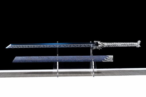Handmade Katana Blue scabbard and silver handle, Traditional style, Manganese steel blade, Genuine Katana, Collectible Katana, Bone dragon, Not sharp (3)