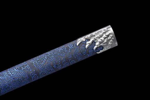 Handmade Katana Blue scabbard and silver handle, Traditional style, Manganese steel blade, Genuine Katana, Collectible Katana, Bone dragon, Not sharp (5)