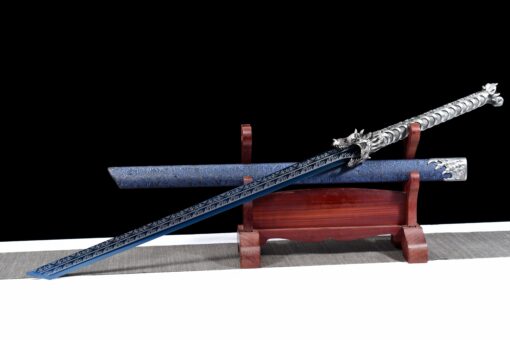 Handmade Katana Blue scabbard and silver handle, Traditional style, Manganese steel blade, Genuine Katana, Collectible Katana, Bone dragon, Not sharp (8)