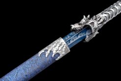 Handmade Katana Blue scabbard and silver handle, Traditional style, Manganese steel blade, Genuine Katana, Collectible Katana, Bone dragon, Not sharp (9)