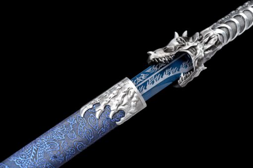 Handmade Katana Blue scabbard and silver handle, Traditional style, Manganese steel blade, Genuine Katana, Collectible Katana, Bone dragon, Not sharp (9)
