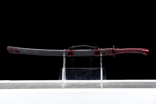 Handmade Katana Red accessories and black scabbard, High Quality Blade. Collectible Sword, Traditional Style, Manganese steel blade, Not sharp (2)