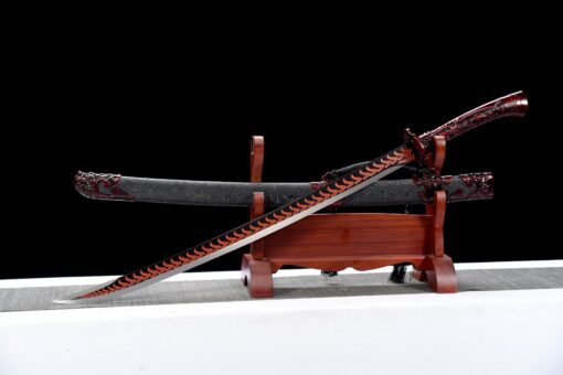 Handmade Katana Red accessories and black scabbard, High Quality Blade. Collectible Sword, Traditional Style, Manganese steel blade, Not sharp (5)