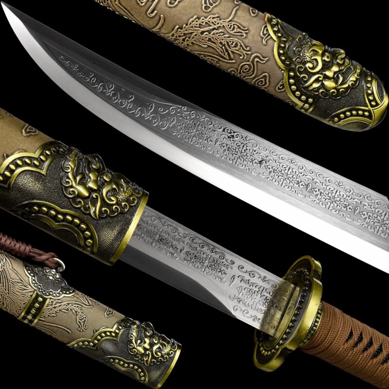 Samurai Blade Pattern Handmade Katana: Manganese Steel Blade, Yellow Scabbard And Brown ...