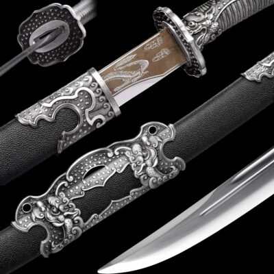 Handmade Katana Black scabbard and silver handle, High manganese steel, Traditional Chinese style, Collectible Sword, Not sharp (1)