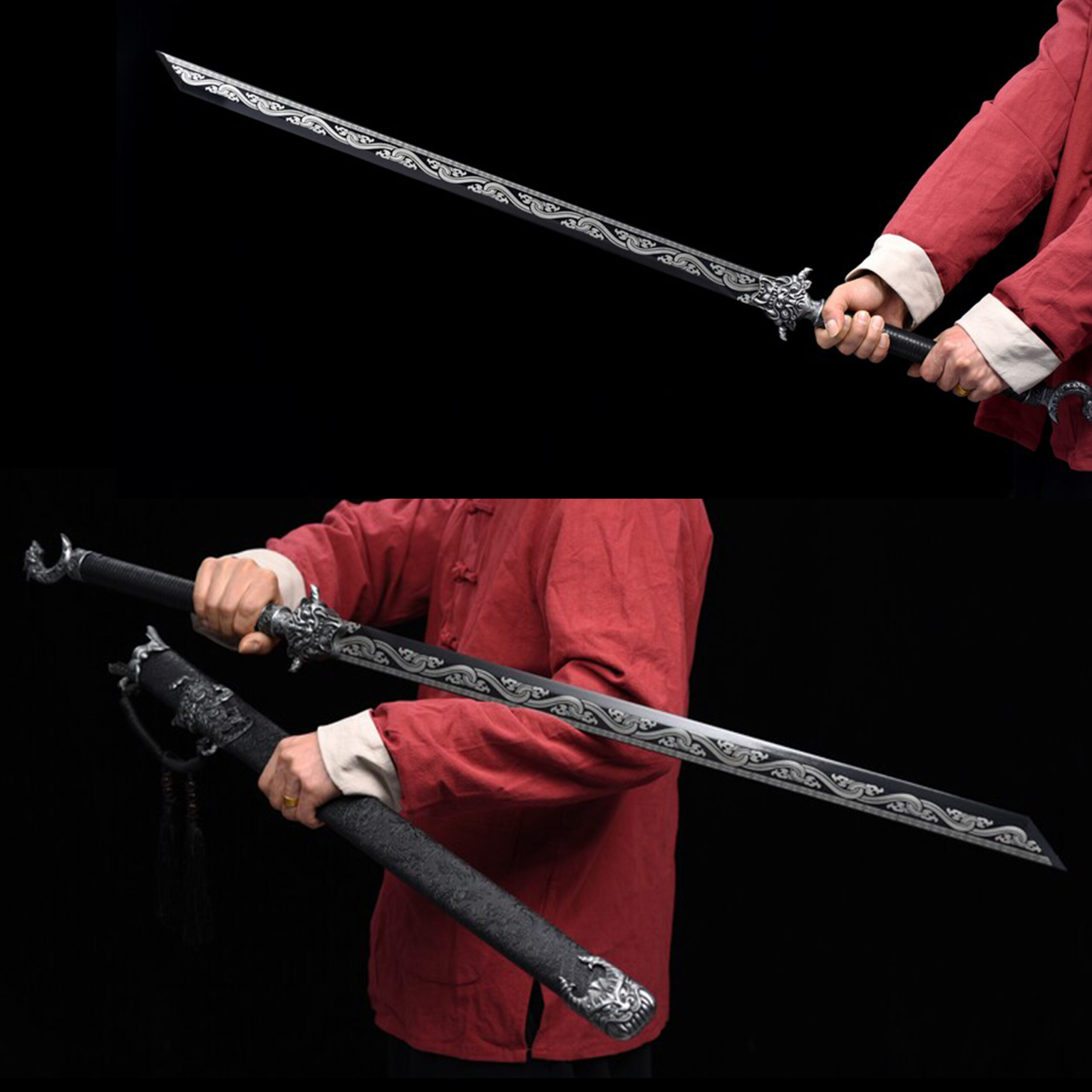 Handmade Sword Black Blade,Black Sword,Dragon Pattern Ornaments,Battle Ready,Collectible Sword,Essential for giving gifts (2)