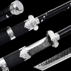 Handmade Sword Black Hammered Blade,Black Leather Scabbard,Silver Fittings,Battle Ready,Traditional style,Collectible Sword (1)