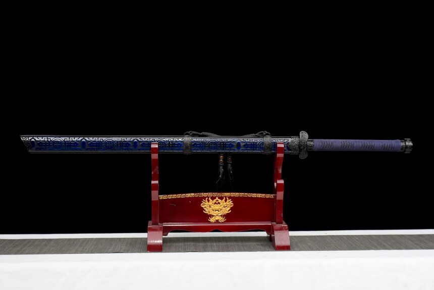 Handmade SwordDark Blue Patterned Wooden Scabbard,Blue Manganese Steel Blade,Traditional Style,Collectible Sword (2)