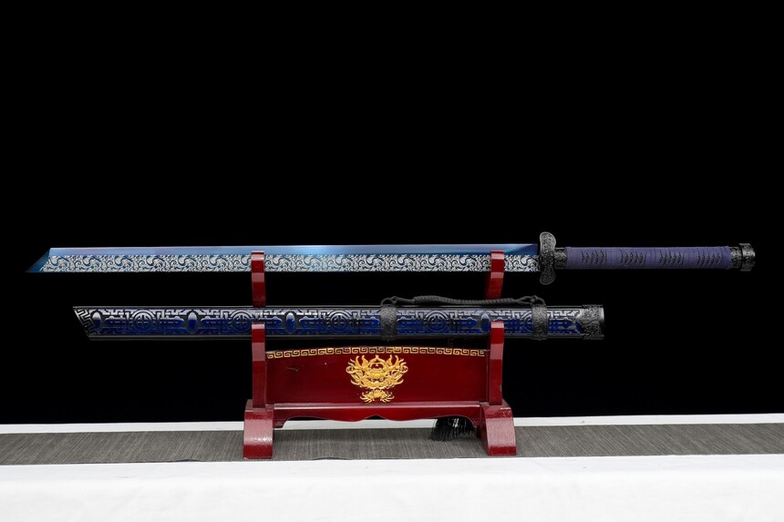 Handmade SwordDark Blue Patterned Wooden Scabbard,Blue Manganese Steel Blade,Traditional Style,Collectible Sword (3)