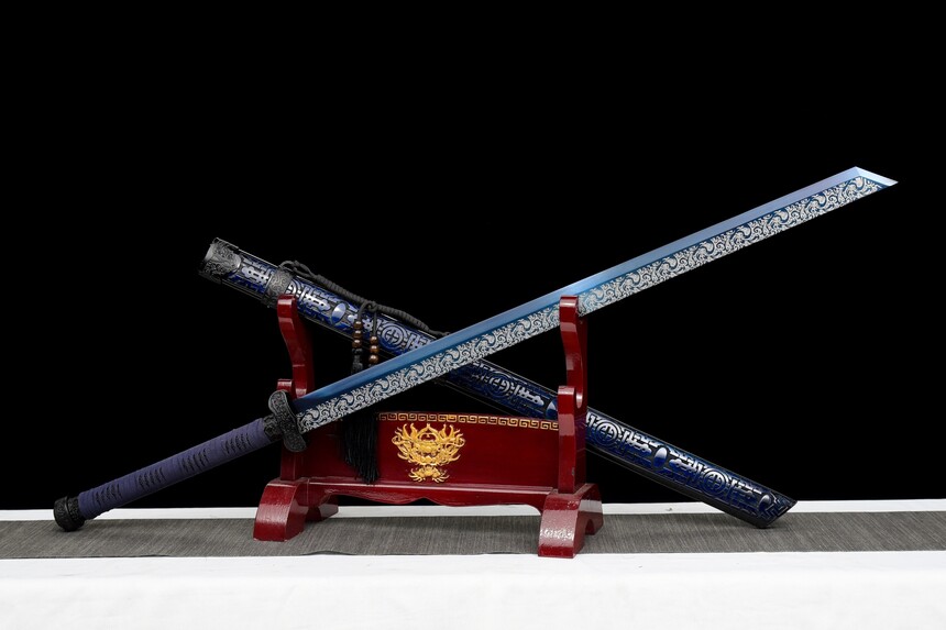 Handmade SwordDark Blue Patterned Wooden Scabbard,Blue Manganese Steel Blade,Traditional Style,Collectible Sword (4)