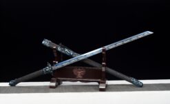 nine dragons high manganese steel fantasy sword with blue engraved blade leather scabbard 01