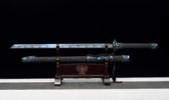nine dragons high manganese steel fantasy sword with blue engraved blade leather scabbard 02