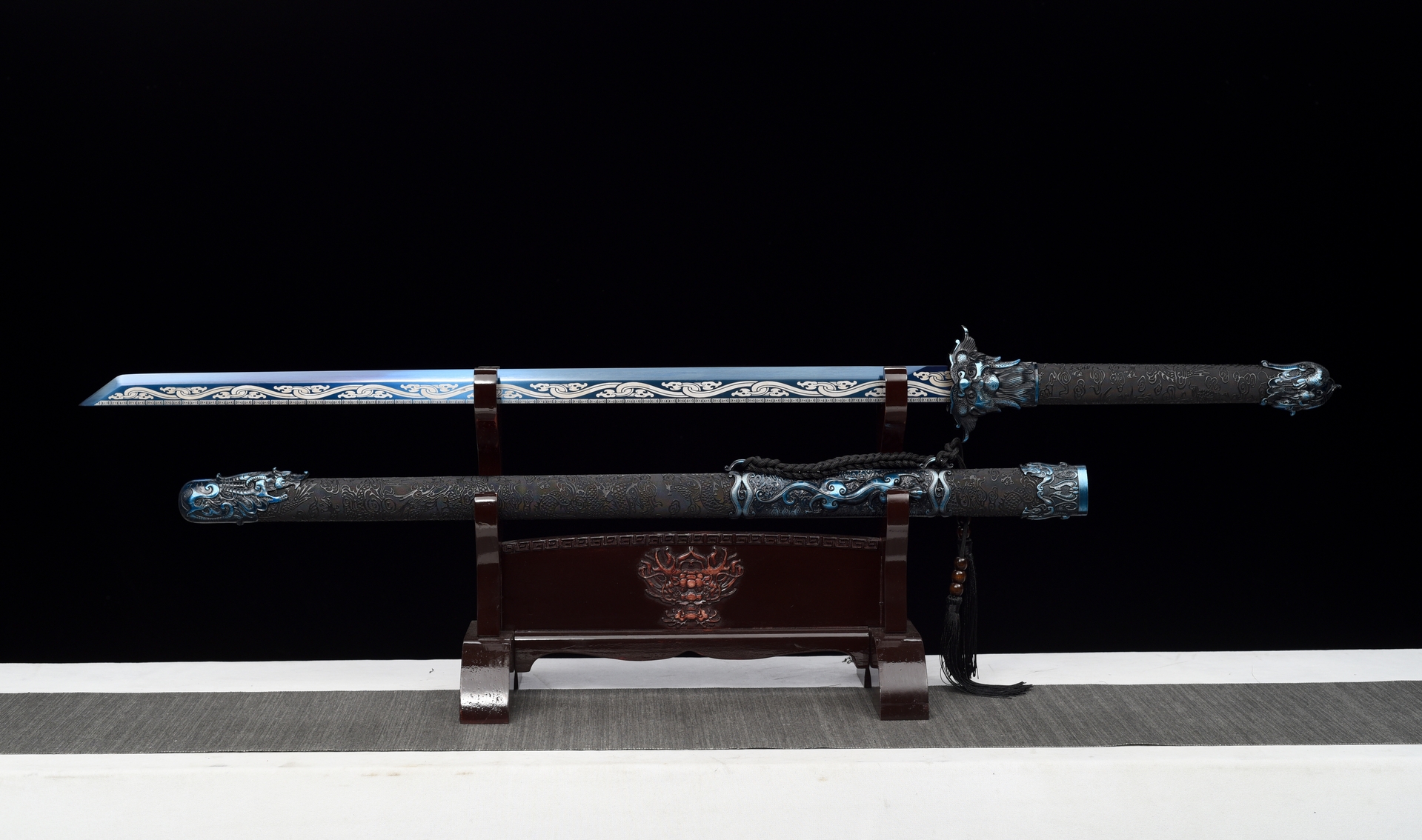 nine dragons high manganese steel fantasy sword with blue engraved blade leather scabbard 02