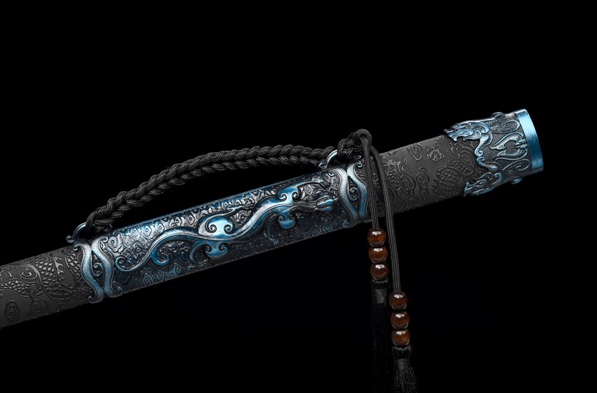 nine dragons high manganese steel fantasy sword with blue engraved blade leather scabbard 04