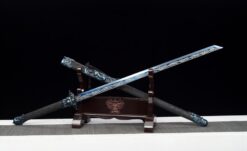 nine dragons high manganese steel fantasy sword with blue engraved blade leather scabbard 06