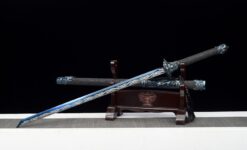 nine dragons high manganese steel fantasy sword with blue engraved blade leather scabbard 07