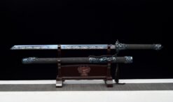 nine dragons high manganese steel fantasy sword with blue engraved blade leather scabbard 08