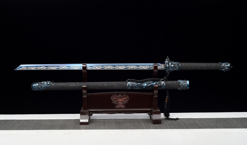 nine dragons high manganese steel fantasy sword with blue engraved blade leather scabbard 08