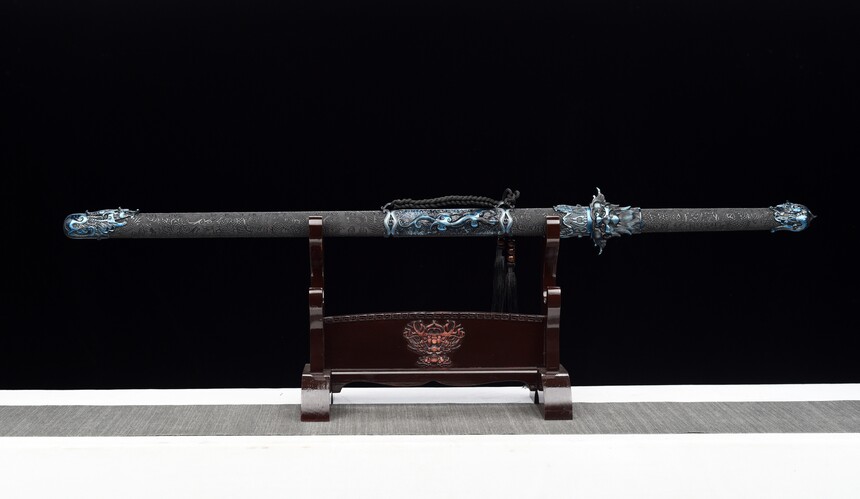 nine dragons high manganese steel fantasy sword with blue engraved blade leather scabbard 09