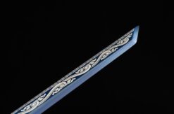 nine dragons high manganese steel fantasy sword with blue engraved blade leather scabbard 12
