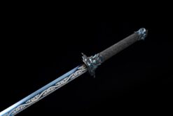 nine dragons high manganese steel fantasy sword with blue engraved blade leather scabbard 13