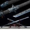 nine dragons high manganese steel fantasy sword with blue engraved blade leather scabbard main