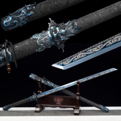 nine dragons high manganese steel fantasy sword with blue engraved blade leather scabbard main