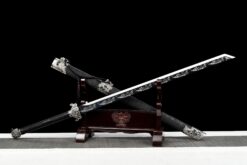 silver tiger high manganese steel fantasy sword with black engraved blade silver fittings 01