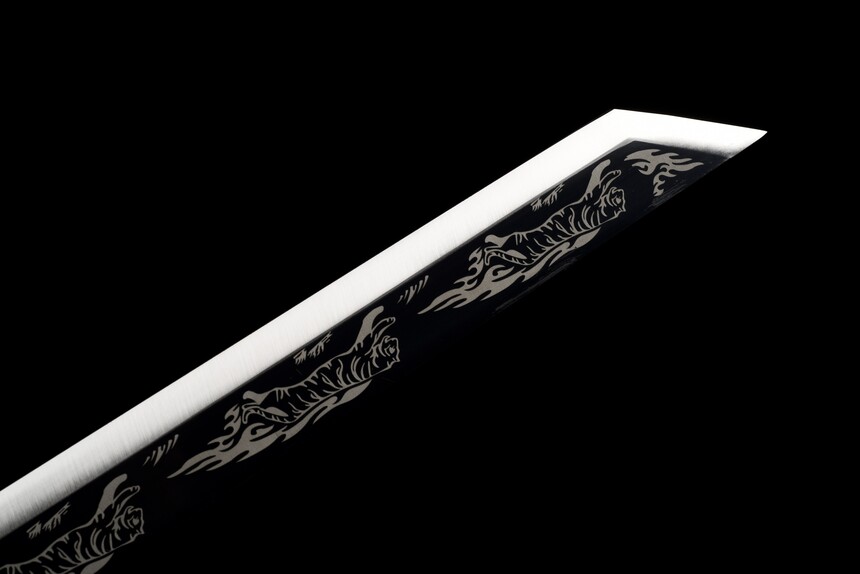 silver tiger high manganese steel fantasy sword with black engraved blade silver fittings 12