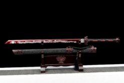 white dragon high manganese steel fantasy sword with red engraved blade black leather scabbard 02