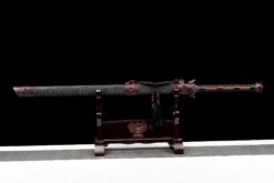 white dragon high manganese steel fantasy sword with red engraved blade black leather scabbard 03