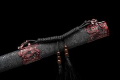 white dragon high manganese steel fantasy sword with red engraved blade black leather scabbard 05