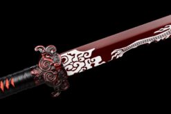 white dragon high manganese steel fantasy sword with red engraved blade black leather scabbard 07