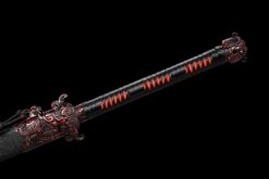 white dragon high manganese steel fantasy sword with red engraved blade black leather scabbard 10