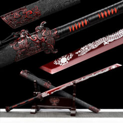 white dragon high manganese steel fantasy sword with red engraved blade black leather scabbard main