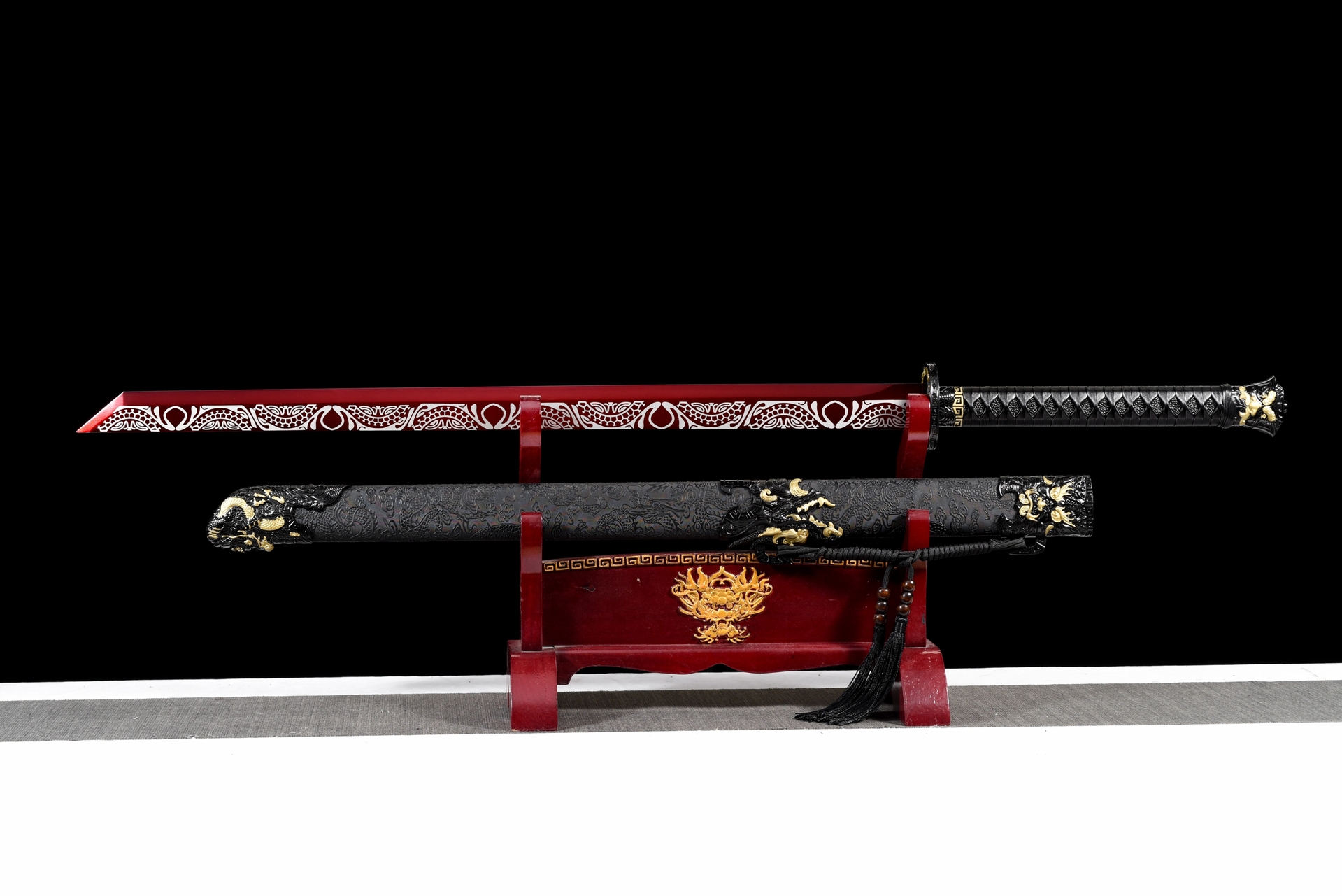 dragon king crimson flame tang dao red roasted manganese steel dragon motif leather saya 02