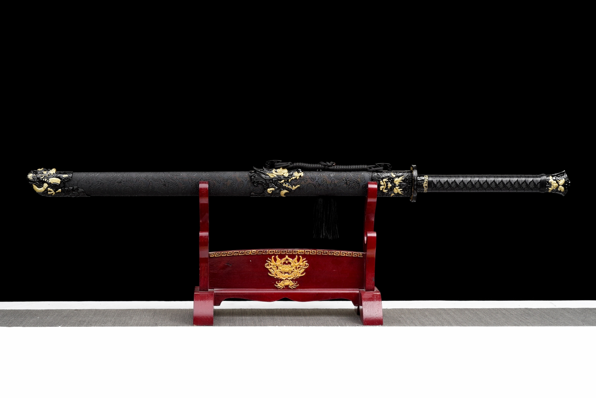 dragon king crimson flame tang dao red roasted manganese steel dragon motif leather saya 03