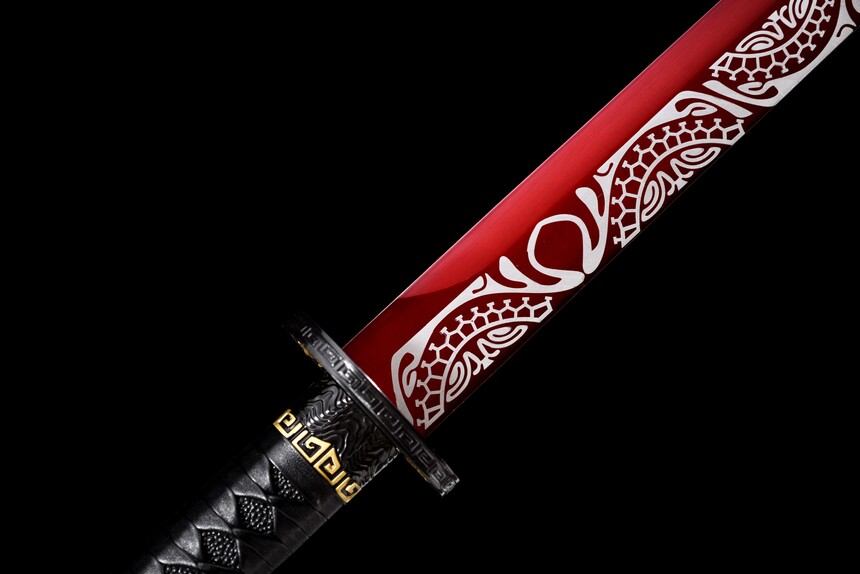 dragon king crimson flame tang dao red roasted manganese steel dragon motif leather saya 08