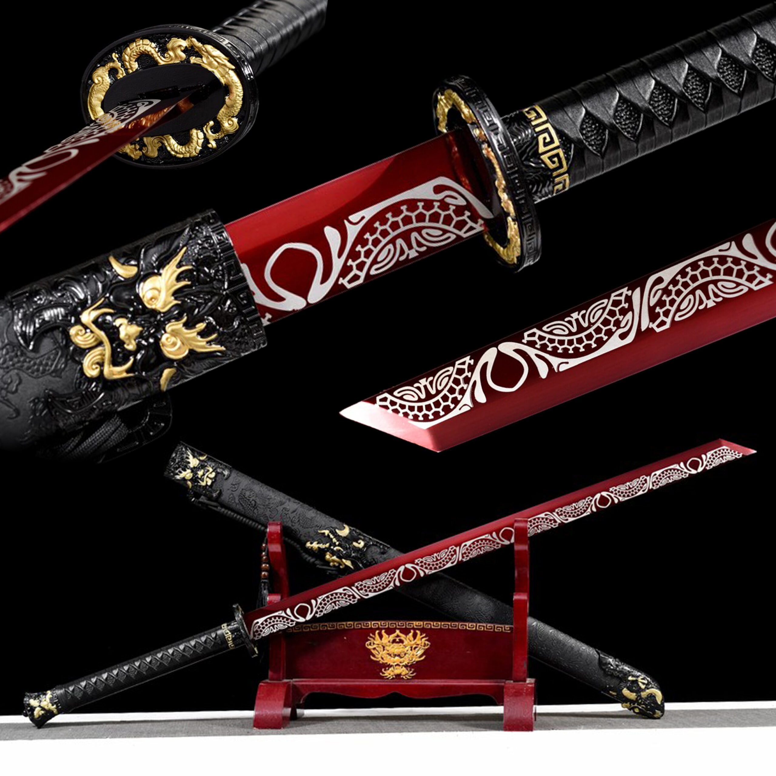 dragon king crimson flame tang dao red roasted manganese steel dragon motif leather saya main