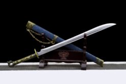 hell dragon iron lock distressed manganese steel tang dao blue leather saya bronze dragon pommel battle ready 01