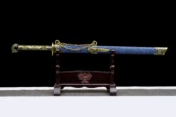 hell dragon iron lock distressed manganese steel tang dao blue leather saya bronze dragon pommel battle ready 03