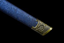 hell dragon iron lock distressed manganese steel tang dao blue leather saya bronze dragon pommel battle ready 04