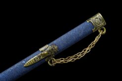 hell dragon iron lock distressed manganese steel tang dao blue leather saya bronze dragon pommel battle ready 05