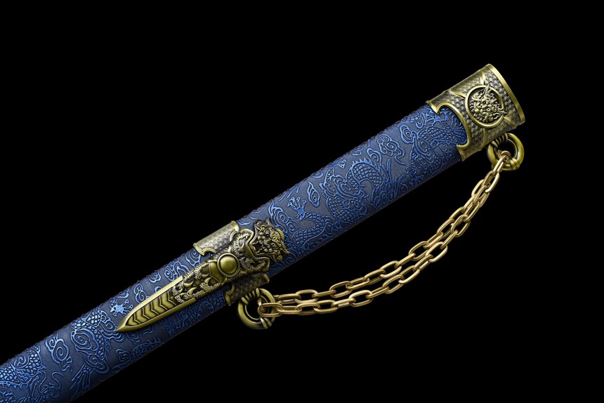 hell dragon iron lock distressed manganese steel tang dao blue leather saya bronze dragon pommel battle ready 05