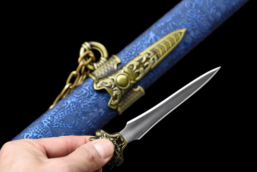 hell dragon iron lock distressed manganese steel tang dao blue leather saya bronze dragon pommel battle ready 06