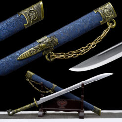 hell dragon iron lock distressed manganese steel tang dao blue leather saya bronze dragon pommel battle ready main